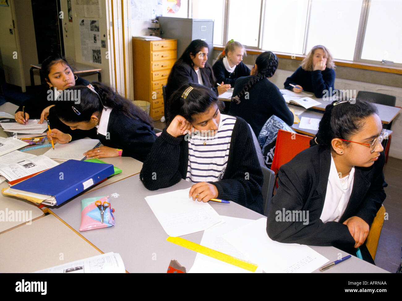 Secondary School 1990s UK. Ethnic diversity asian girl students in classroom Greenford High School, Middlesex  London 1990 England HOMER SYKES Stock Photo