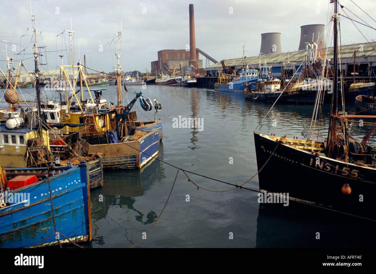 Fishing boats industry Fleetwood harbour Lancashire Uk 1980s HOMER