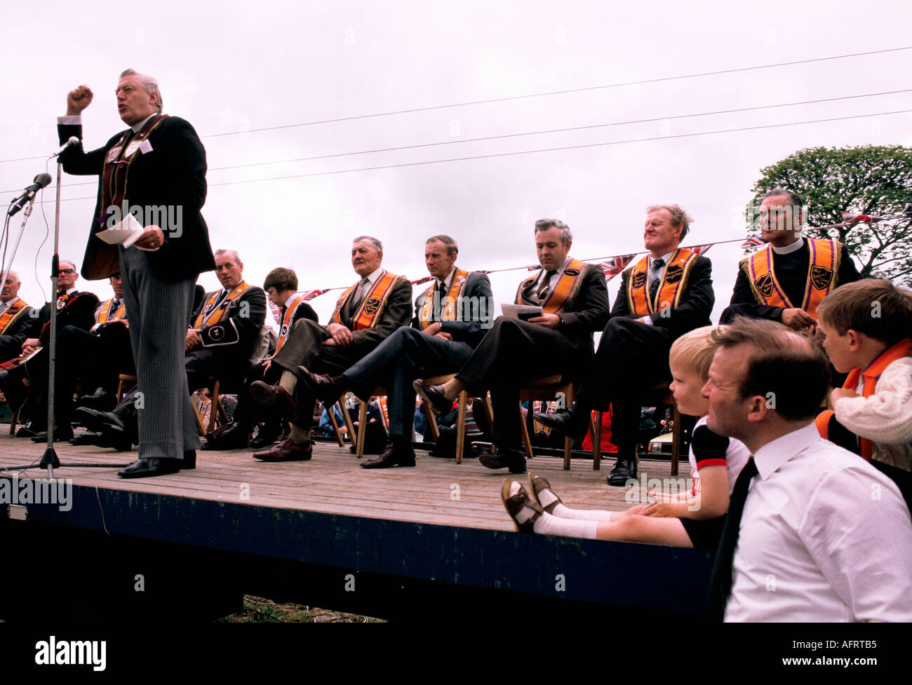 Rev Ian Paisley 1981 Orange Day Parade. He's guest of honour Ballymoney, Northern Ireland during The Troubles, Making a speech.1980s UK  HOMER SYKES Stock Photo