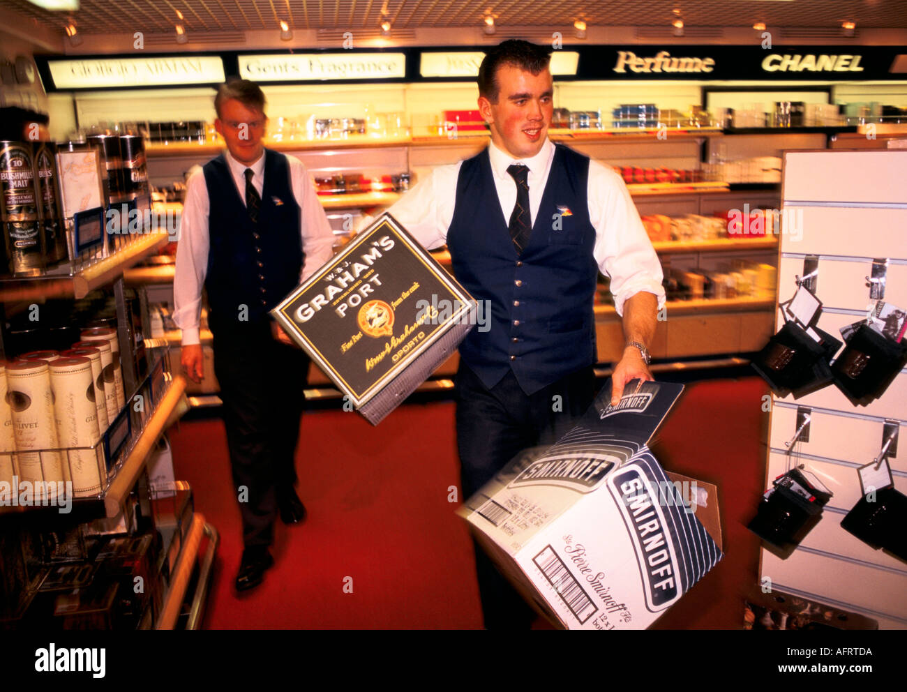 DUTY FREE SHOP ON THE FERRY RESTOCKING THE SHELVES BEFORE RETURN TRIP CHEAP DRINK RUN TO FRANCE