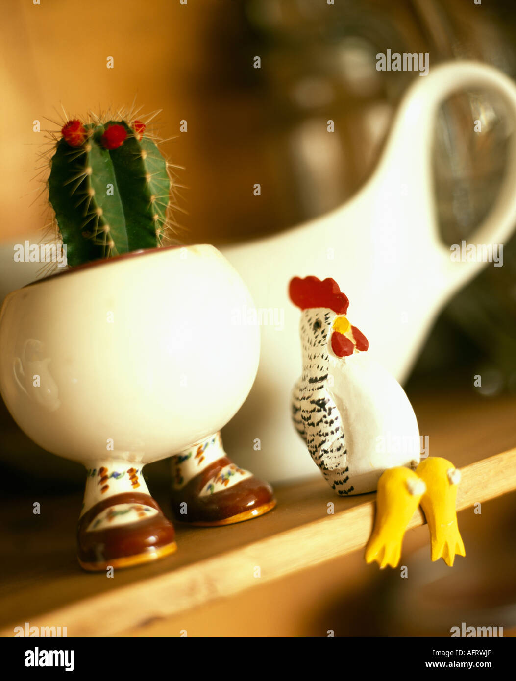 Cactus growing in novelty "Carlton Ware" egg cup with feet on shelf with chicken ornament Stock Photo