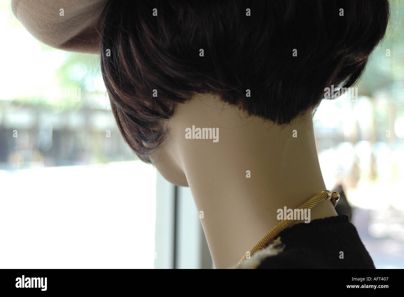 Back Of Head Of Dark Haired Mannequin In Store Window Stock Photo