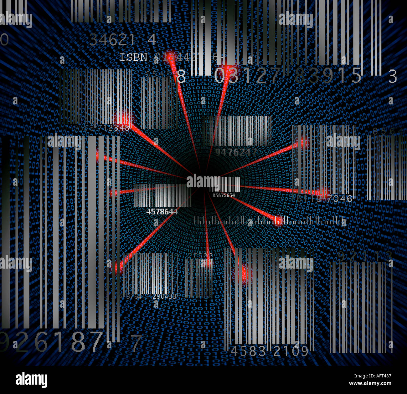 Eclectic conceptual on the bar code theme with red lasers symbolizing ...