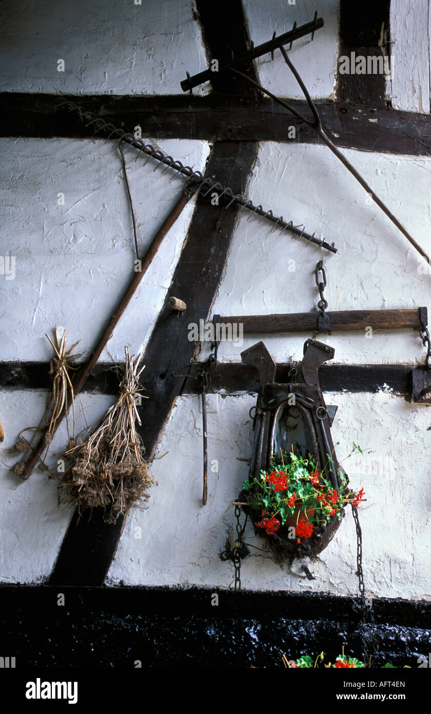 Netherlands Mechelen Flowerpot hanging on wall in frame house Stock Photo