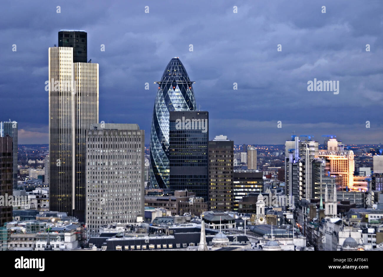 30 St Mary Axe City cityscape London skyline of the financial district England Britain United Kingdom UK Swiss Re gherkin Stock Photo