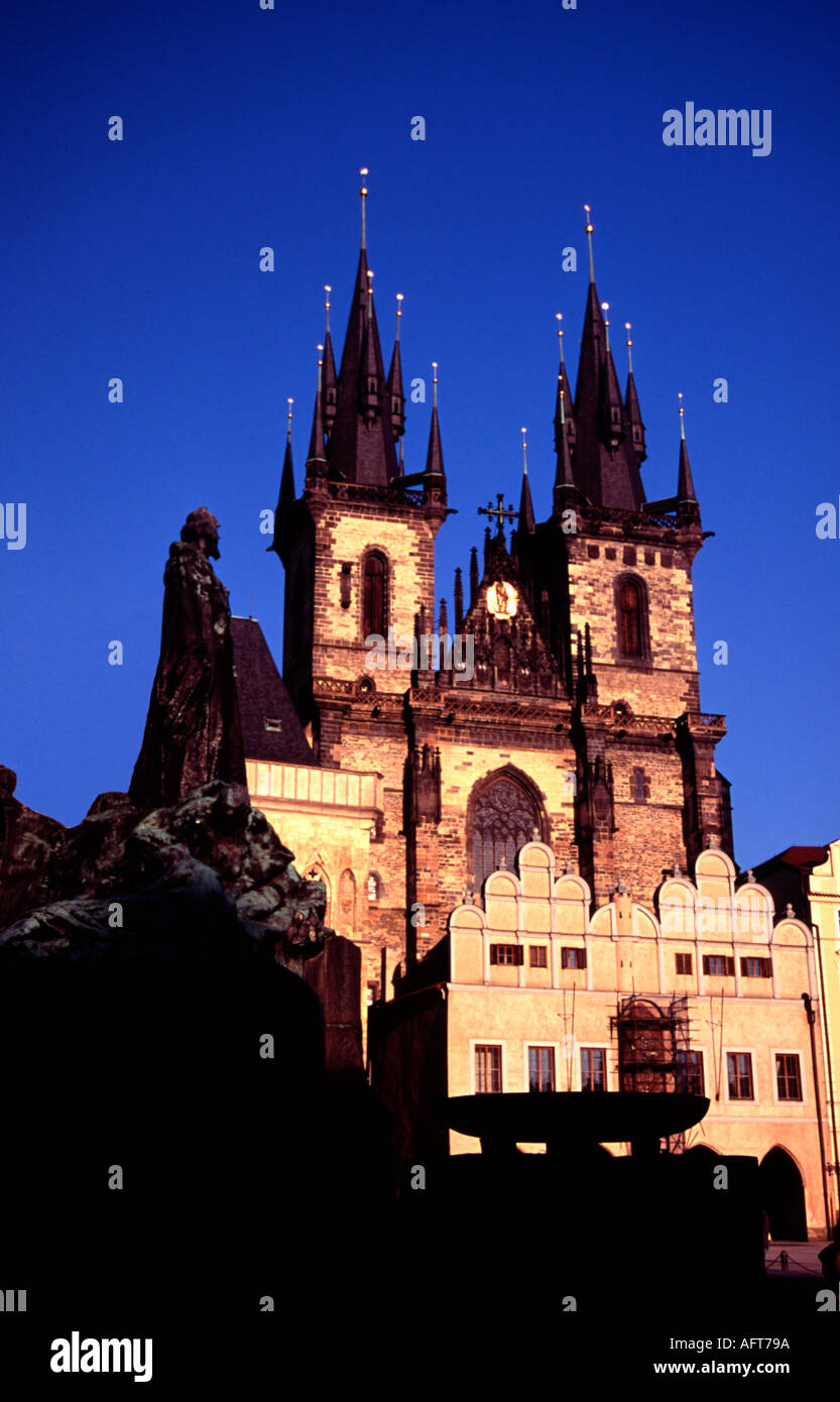 Hus monument and Tyn Church Prague Stock Photo