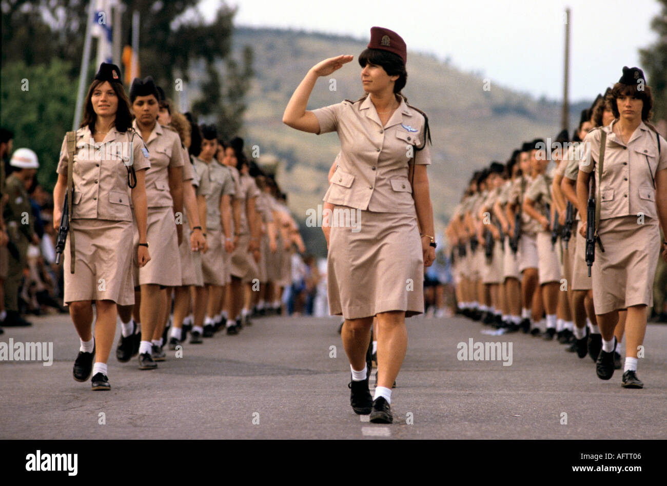 Israel Day Festival. Celebrations women female soldiers Israel Defence Forces military parade1980s in Kiryat Shmona, Qiryat Shemona  1982 HOMER SYKES Stock Photo