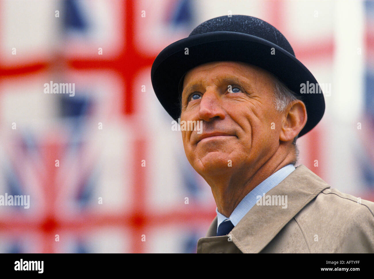 Bowler hat at the Lord Mayor of London annual Show. Union Jack flags, 1990s  UK HOMER SYKES Stock Photo