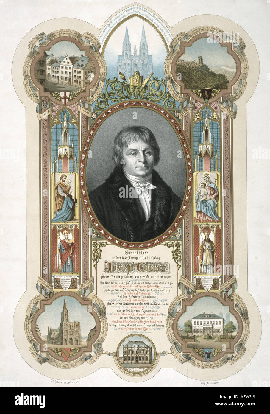 Görres, Joseph, 25.1.1776 - 29.1.1848, German author/writer, portrait, memorial page for the hundreth birthday by Tony Avenarius, Cologne, 1876, Stock Photo