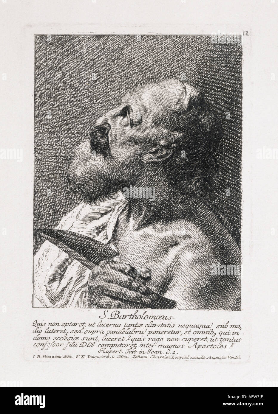 Bartholomew, + circa 51, Apostle, Saint, portrait, engraving by Johann Christian Leopold, Augsburg, 18th century,  religion, christianity, Saints,  martyr, knife, , Stock Photo