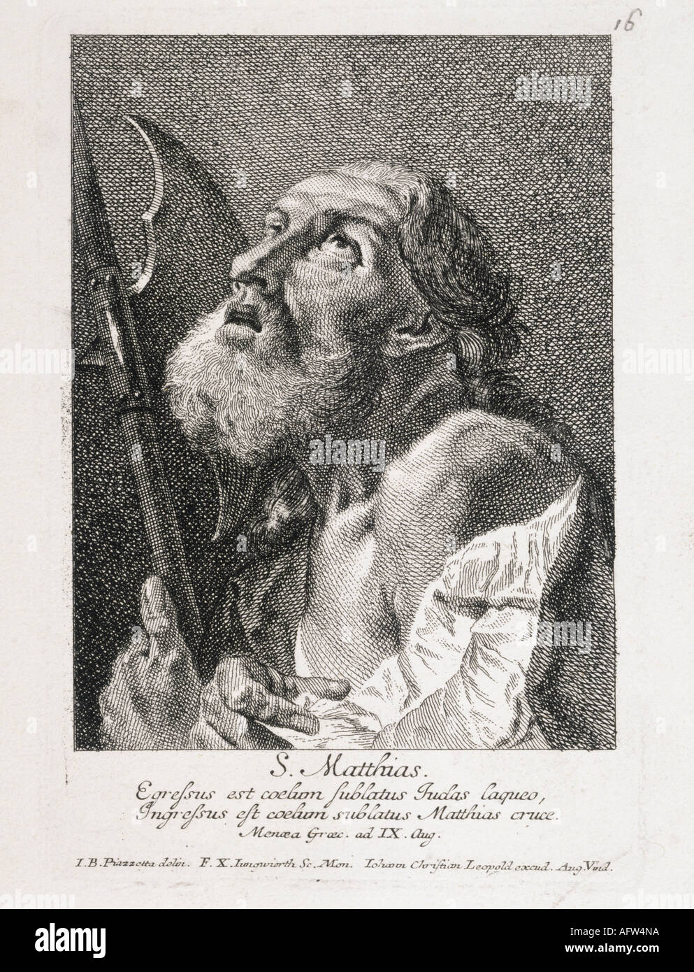 Matthias, + 63, Apostle, Saint, half length, engraving by Johann Christian Leopold, Augsburg, 18th century,  religion, christianity, Saints, halberd, , Stock Photo
