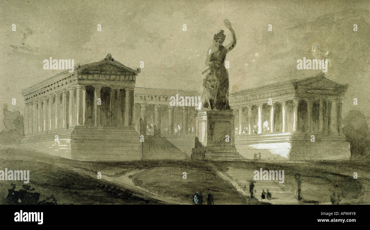 geography/travel, Germany, cities, Munich, monuments, Bavaria with Hall of Fame, sketch, 19th century, historical, historic, fine arts, Europe, Bavaria, monument, Ruhmeshalle, people, Stock Photo