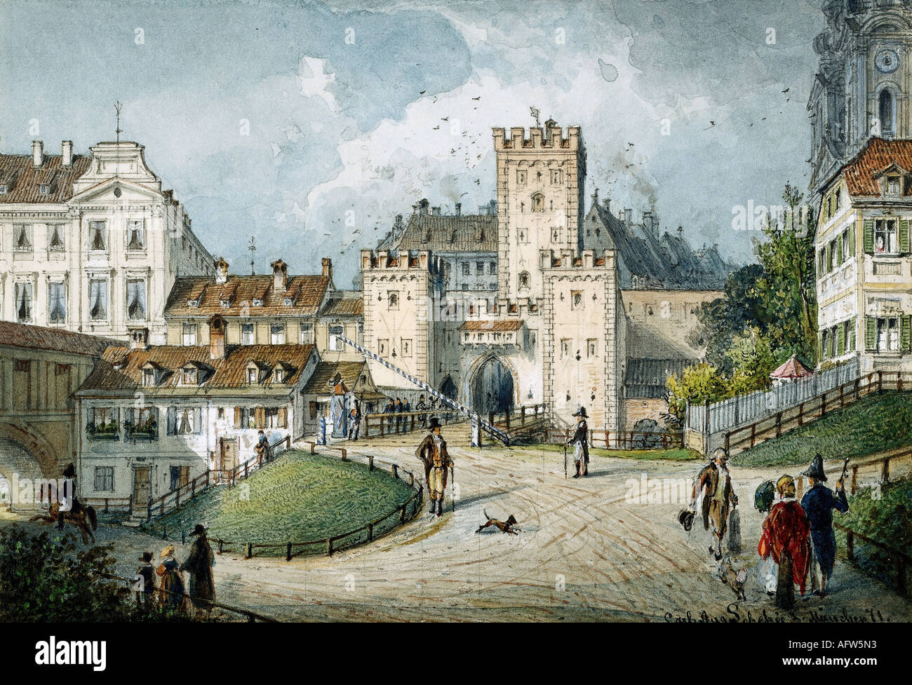 geography/travel, Germany, cities, Munich, buildings, Schwabinger Tor, watercolor by Carl August Lebschée (1800 - 1877), historical, historic, Europe, Bavaria, city gate, gates, Odeonsplatz, Lebschee, people, 19th century, Stock Photo
