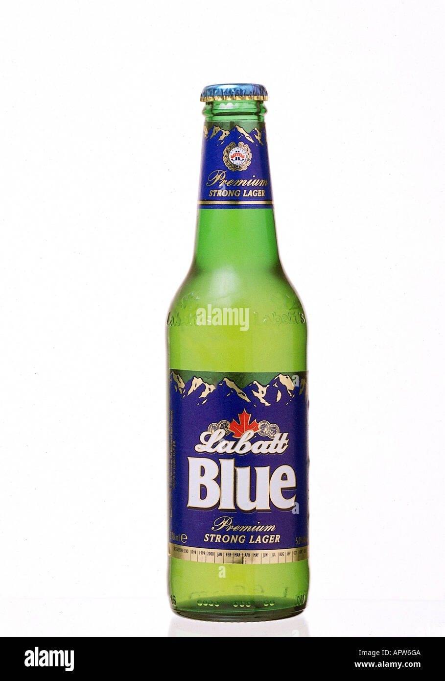 food and beverages, alcohol, beer, bottle "Labatt Blue Premium Strong Lager", Labatt Brewing Company, Canada, bottles, Additional-Rights-Clearance-Info-Not-Available Stock Photo