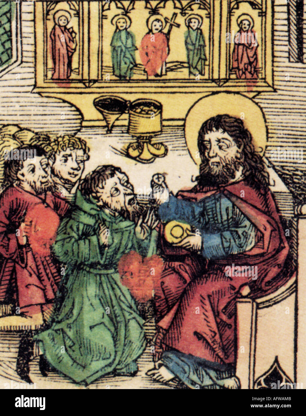 Prester John, maythical christian ruler, receives the eucharist by Jesus Christ, woodcut by Michael Wohlgemut or Wilhelm Pleydenwurff, world chronicle of Hartmann Schedel, Nuremberg 1493, presbyter John, legendary king of India or Ethiopia, religion, christianity, legend, communion, , Artist's Copyright has not to be cleared Stock Photo