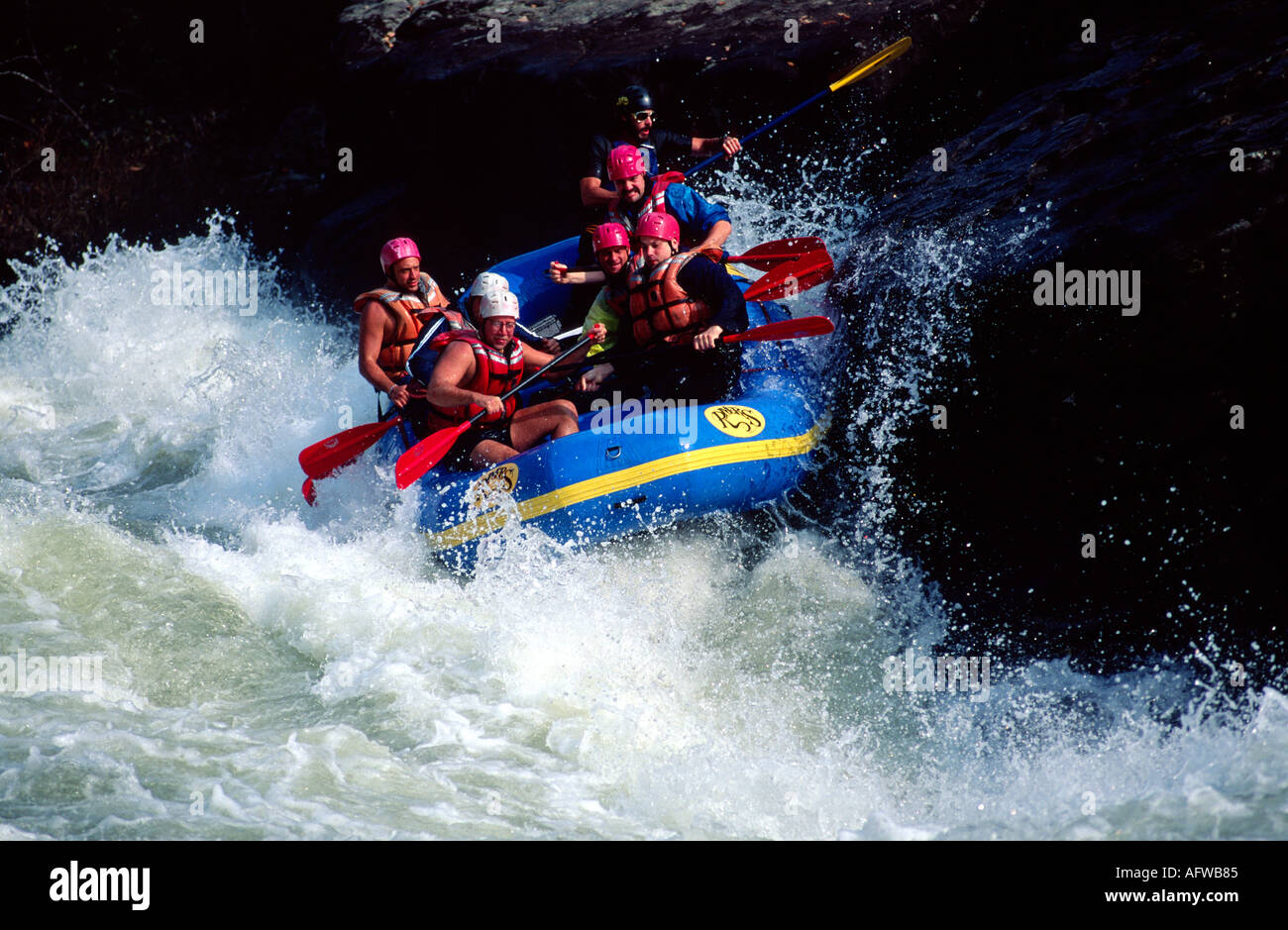 Rafting through Pillow Rock, a grade 5 rapid on the Gauley River, West Virginia, USA Stock Photo