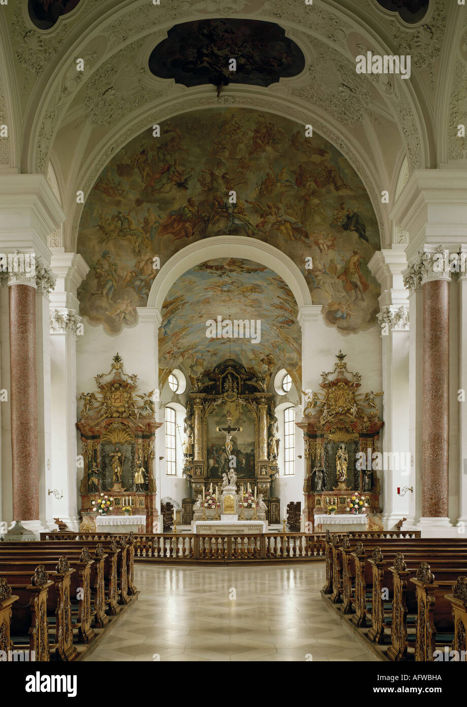 geography/travel, Germany, Baden-Württemberg, Ravensburg, churches and convents, Weißenau monastery, Saint Peter and Paul parish church, interior view, view at high altar, built by Franz Beer, , Additional-Rights-Clearance-Info-Not-Available Stock Photo