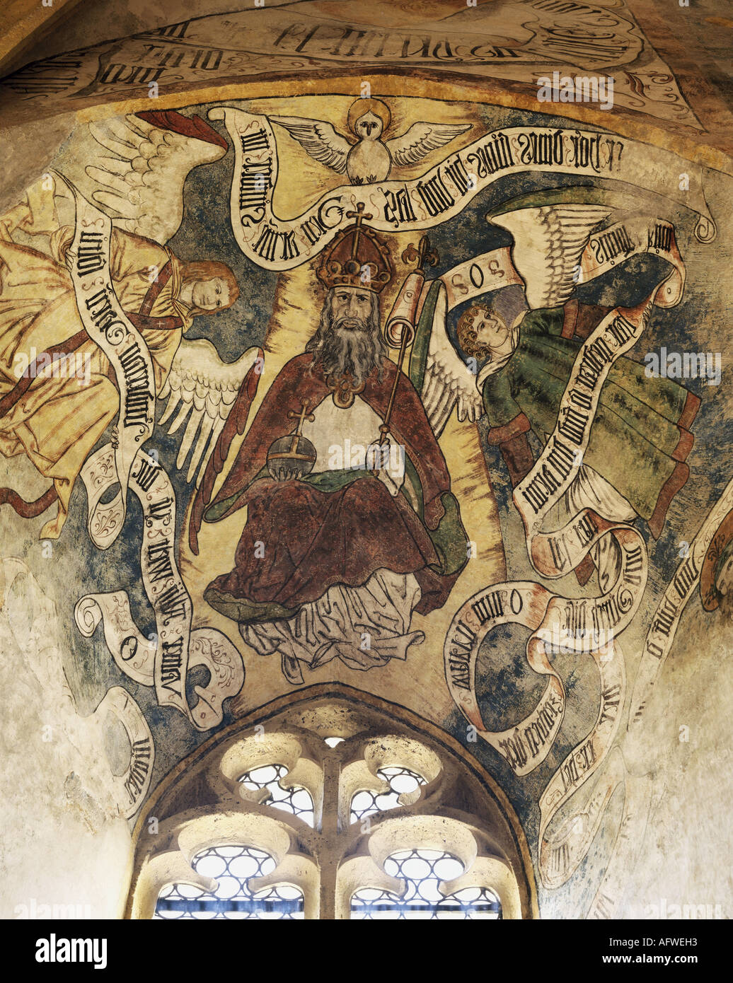 geography/travel, Switzerland, Valais, Raron, churches, Saint Romanus parish church, interior view, fresco over window with God the Father, 1512 - 1518, built by Ulrich Ruffiner, , Additional-Rights-Clearance-Info-Not-Available Stock Photo