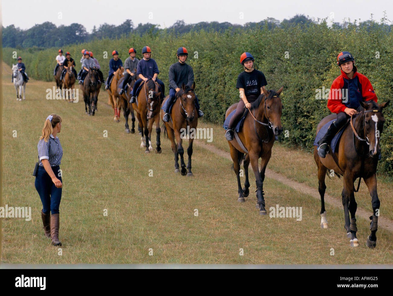 British Horse Racing School students training to be jockeys Newmarket Suffolk. 1993 1990s UK HOMER SYKES Stock Photo