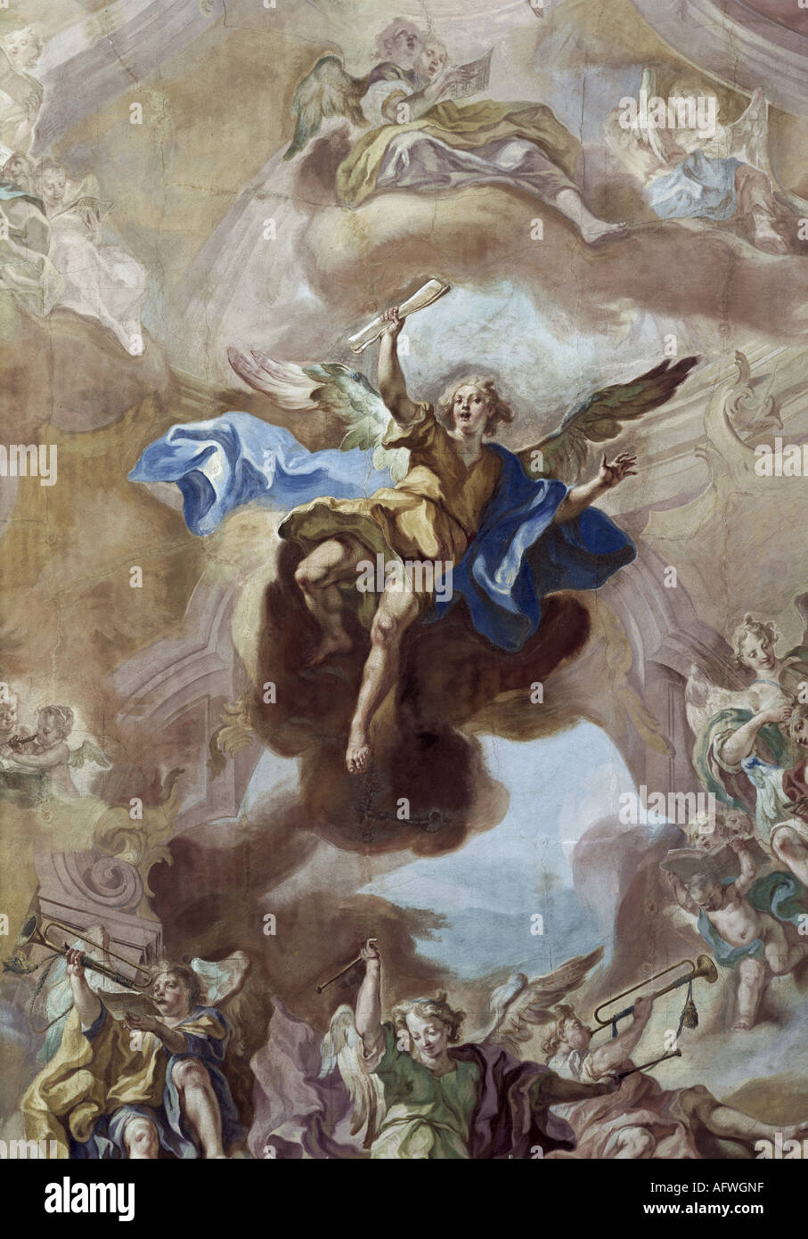 fine arts, religious art, angels, orchestra of angels, detail, angel with scroll, fresco, by Gottfried Bernhard Göz (1708 - 1760), Birnau minster, Artist's Copyright has not to be cleared Stock Photo