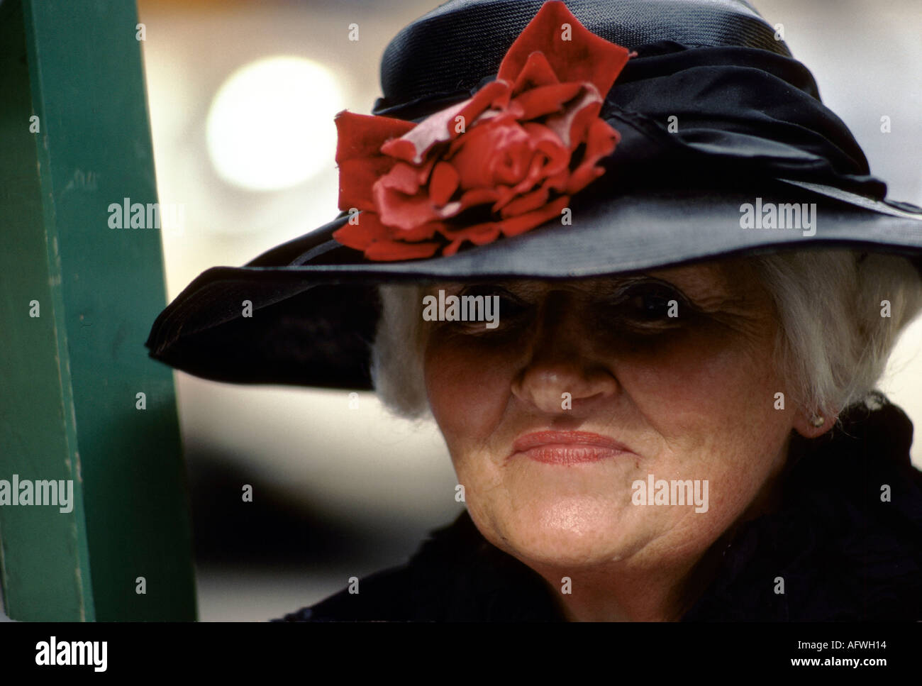 Woman in black hat and coat. A large red 'rose' bow attached to her broad brimmed hat. White hair, mature confident lady self possessed.  1990s UK Stock Photo