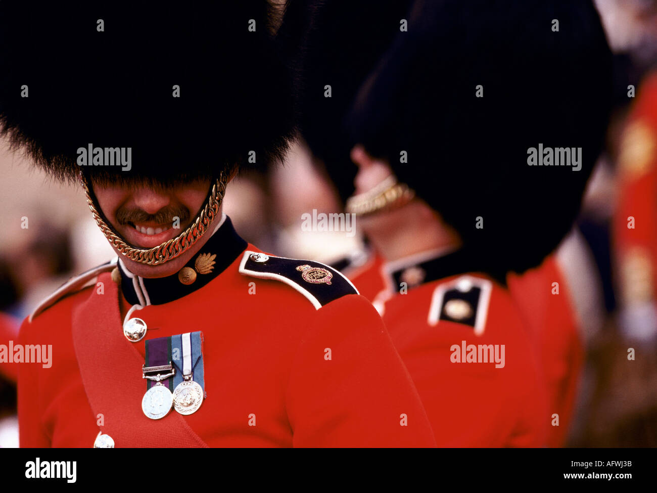 UK soldier wearing his medals Trooping the Colour, Horse Guards Parade. British soldiers in ceremonial uniform London June 1985. 1980s HOMER SYKES Stock Photo