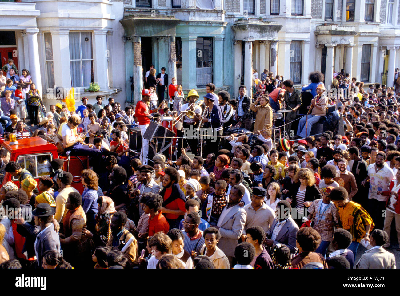 Notting Hill Carnival, London street scene. Musicians playing on Carnival Floats 1990s UK. HOMER SYKES Stock Photo