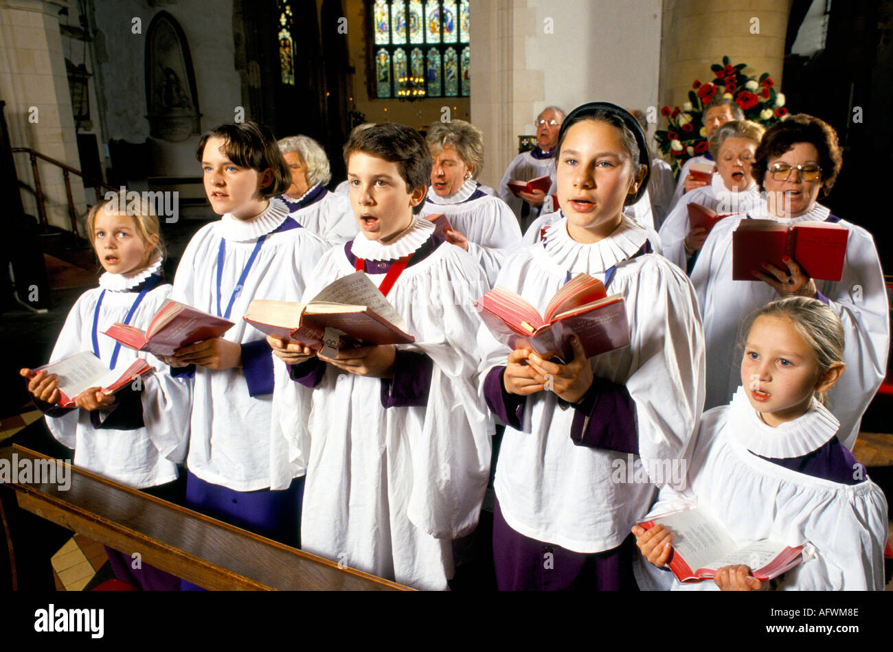 St Mary the Virgin church choir Rye, Sussex 1990s. Young people and