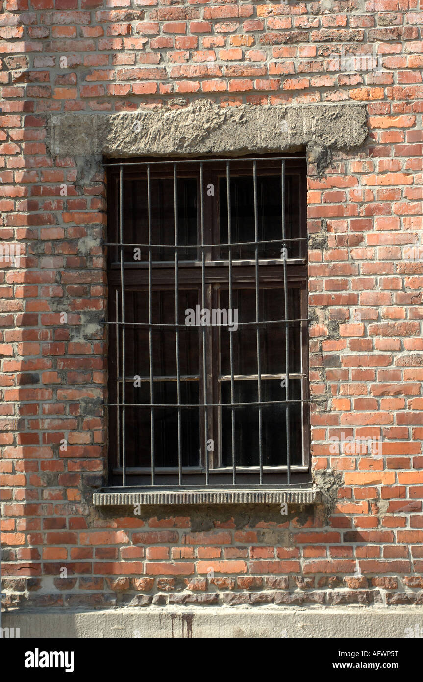 Bars on the windows of the Auschwitz prison camp in Poland.  The Auschwitz Birkenau State Museum Death Camp Memorial in Oswiecim Stock Photo