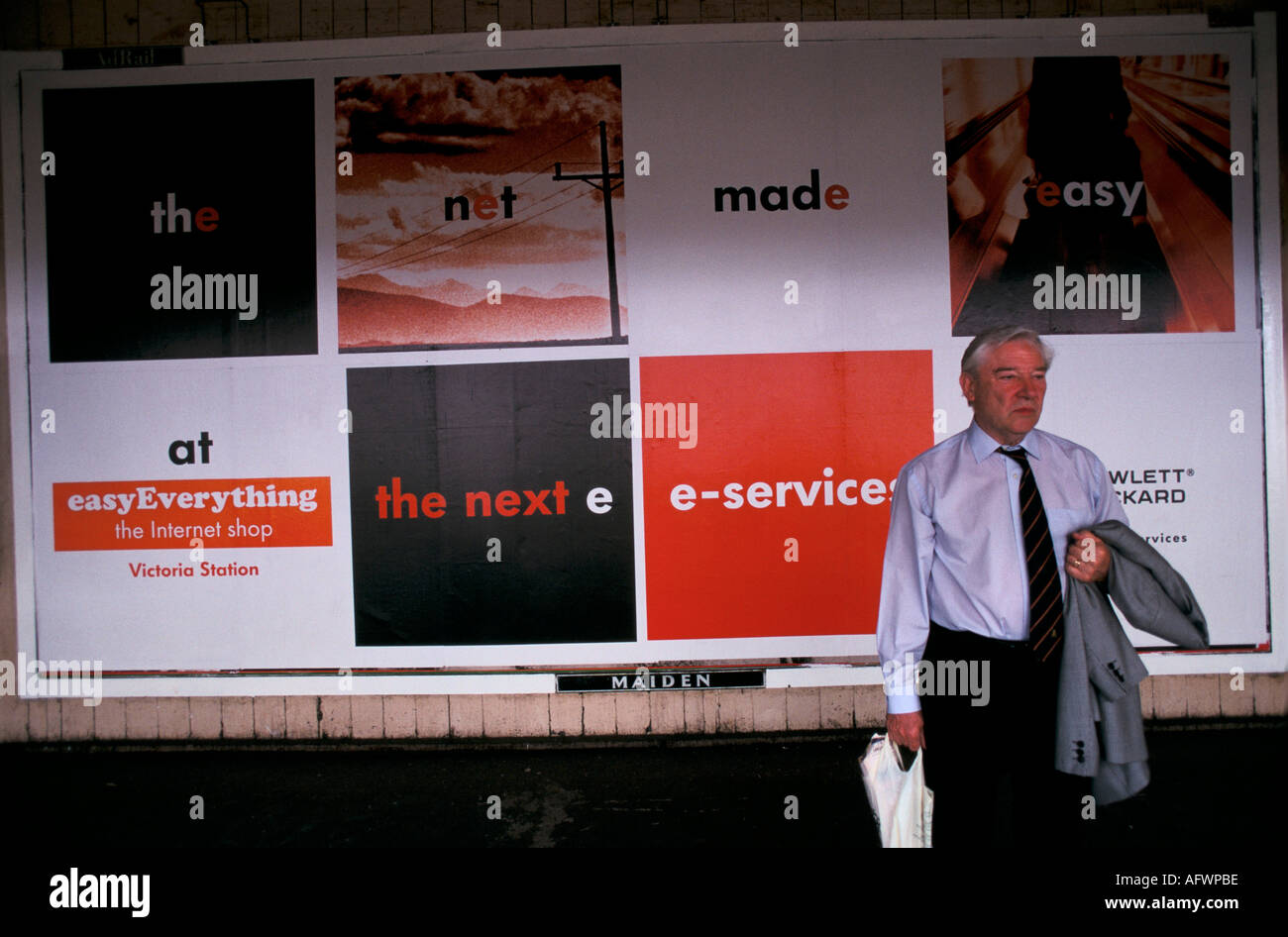 Easy Everything advertising at train station 1990s for the Easy Group Internet computer shop and cafe.1999  UK England HOMER SYKES Stock Photo