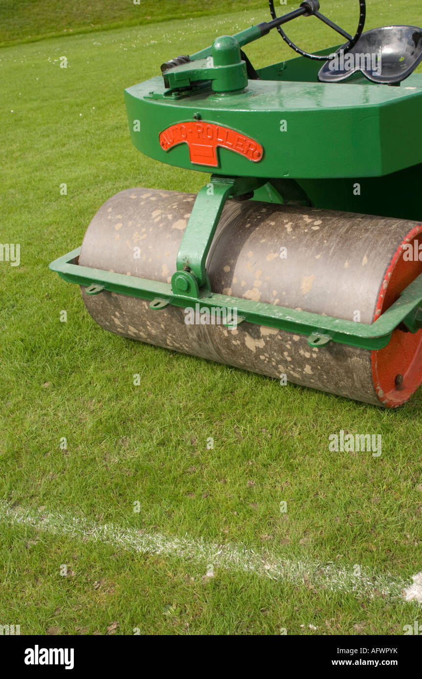 Heavy steel roller for flattening cricket pitch gettig  rid of bumps and ridges that cause erratic ball behaviour Stock Photo