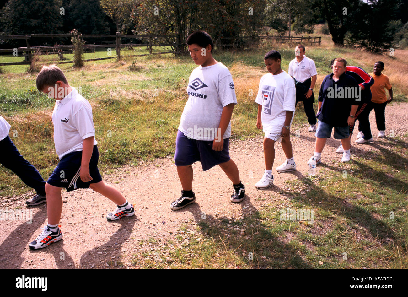 Overweight teenage boys exercising, Weight Loss Centre summer 'fat camp'  for obese over weight children. Leeds UK HOMER SYKES Stock Photo - Alamy