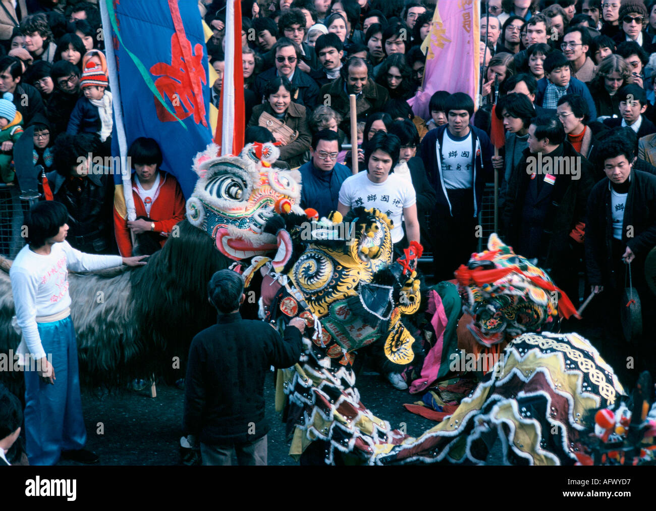 Chinese New Year 1970s UK Dragon dance, Gerrard Street Soho Chinatown