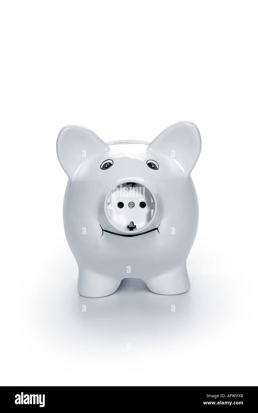 piggy bank with power plug Sparschwein mit Steckdose Stock Photo