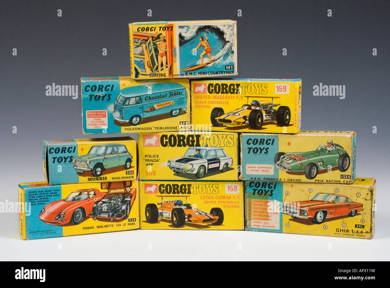 Collection of Corgi die-cast model car boxes Stock Photo