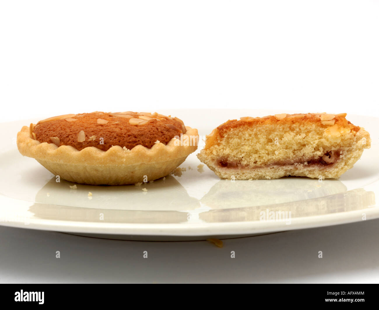 Bakewell Tarts one in Half to Show Filing on a White Plate Stock Photo