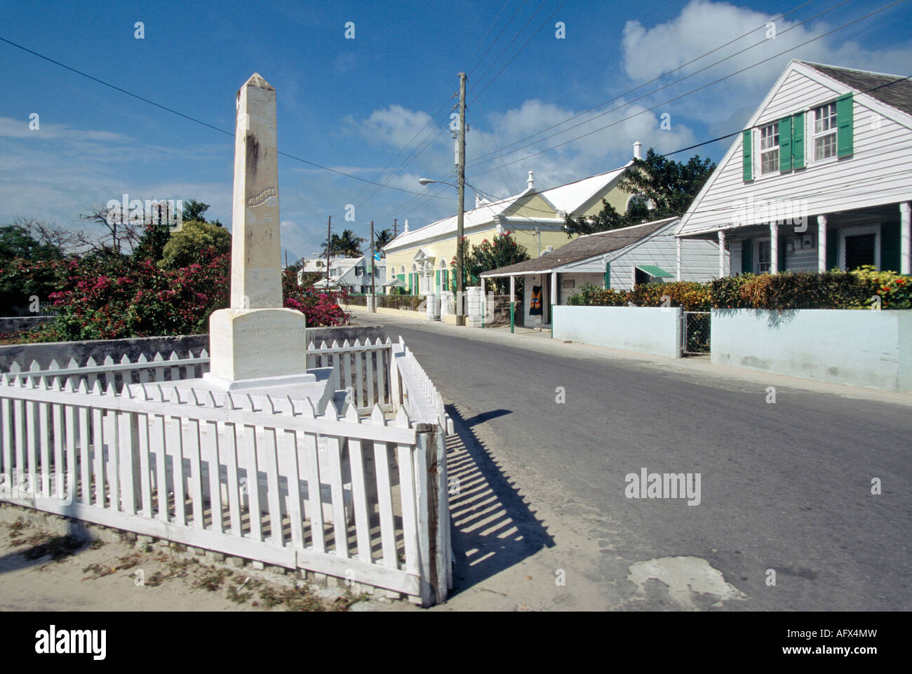 Street scene with memorial to Thomas W Johnson MD in Harbour Island Bahamas Stock Photo Alamy