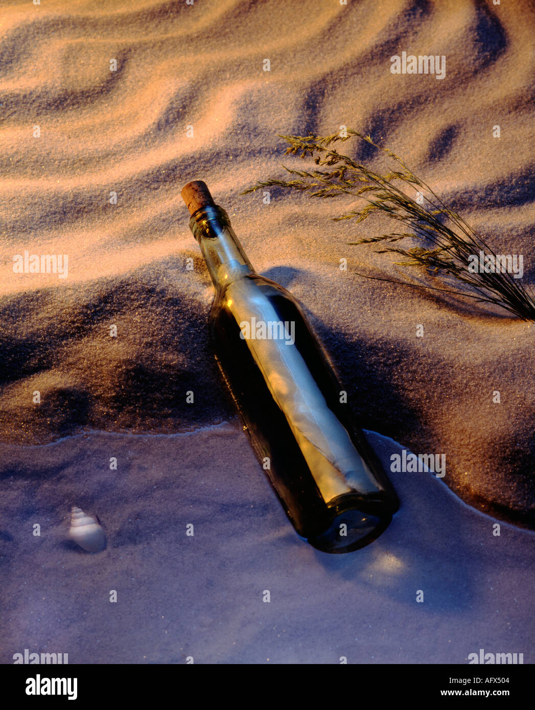 message in a bottle ona sandy beach Stock Photo