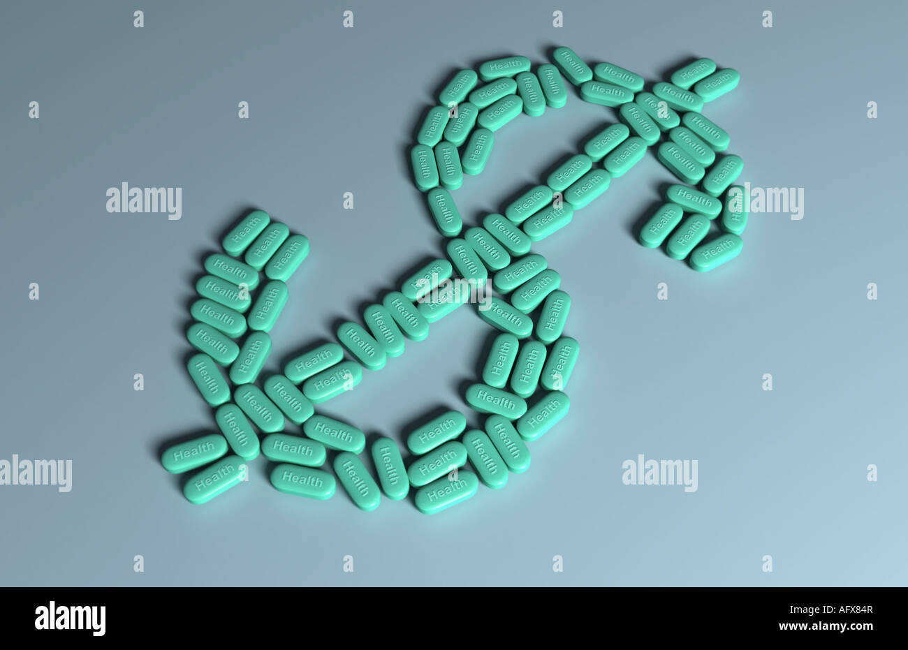 Multiple green pills forming the shape of a dollar Stock Photo