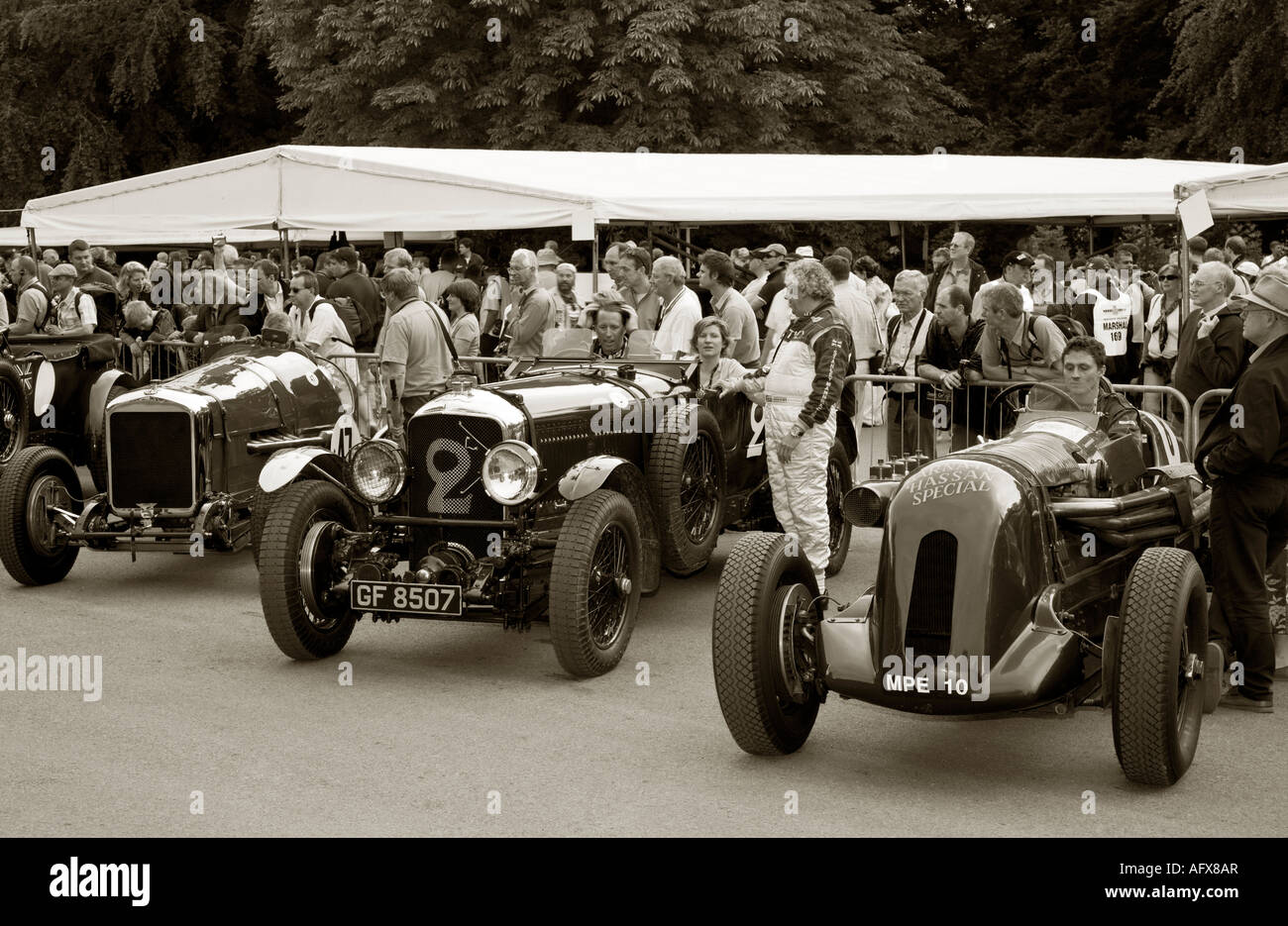 The Brooklands competitors line up in Cathedral Paddock, Goodwood Festival of Speed, Sussex, UK. Stock Photo