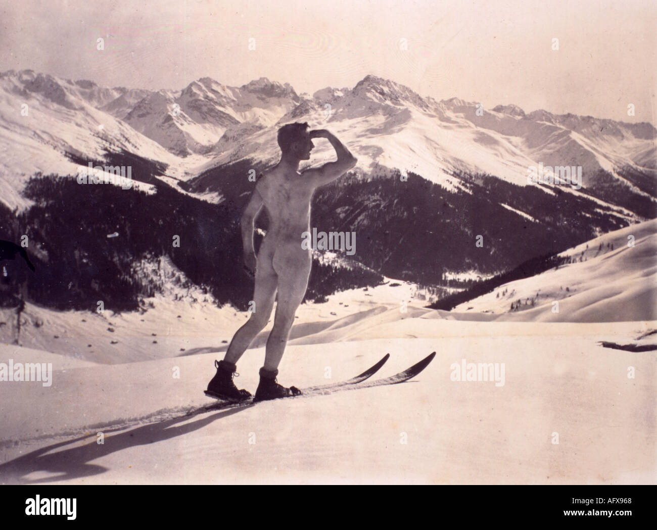 nude ski Nude Skier on mountain near Davos, Switzerland, 1910 Stock Photo - Alamy
