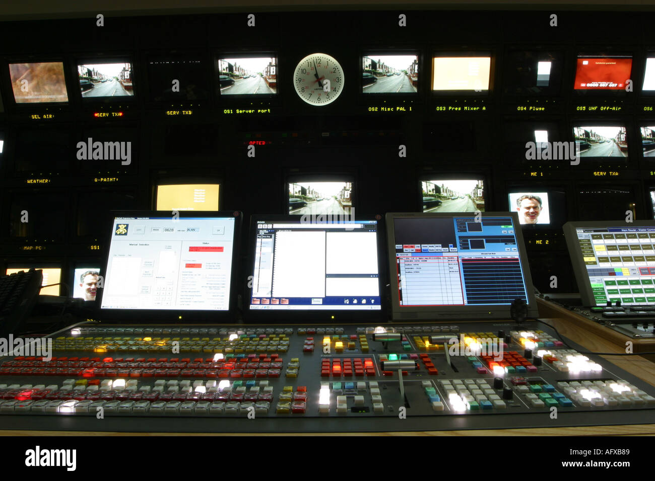 TV editing and live transmission gallery with editing equipment Stock
