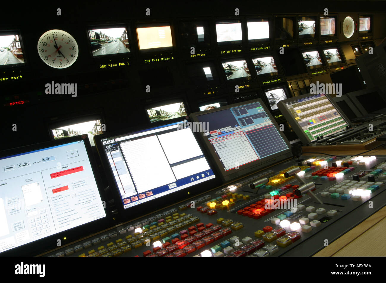TV editing and live transmission gallery with editing equipment Stock