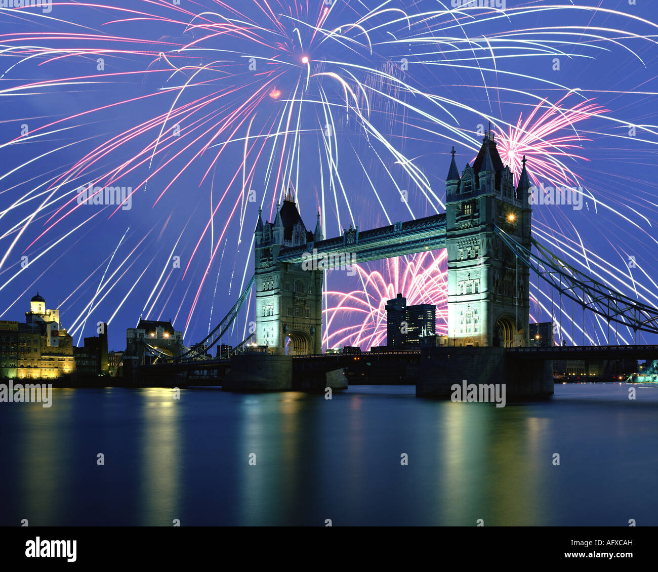 GB - LONDON:  Fireworks above Tower Bridge Stock Photo
