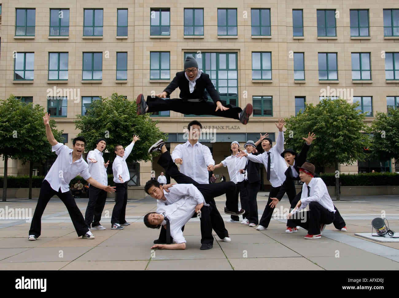 Korean break dancers performing in the streets of Edinburgh Stock Photo