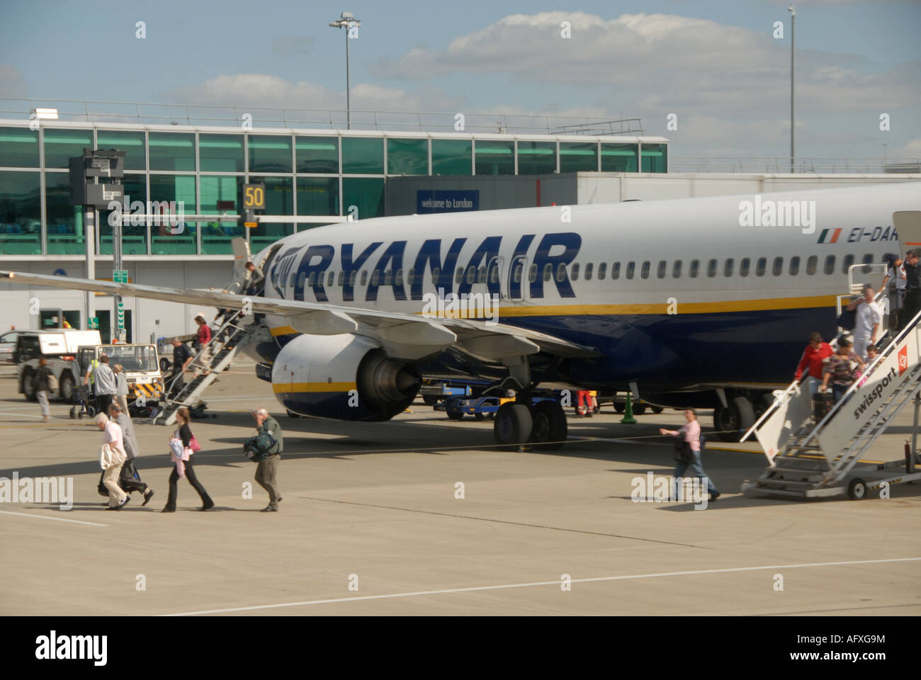 Ryan Air Stanstead Airport England. passengers disembark from a plane that has just landed Stock Photo