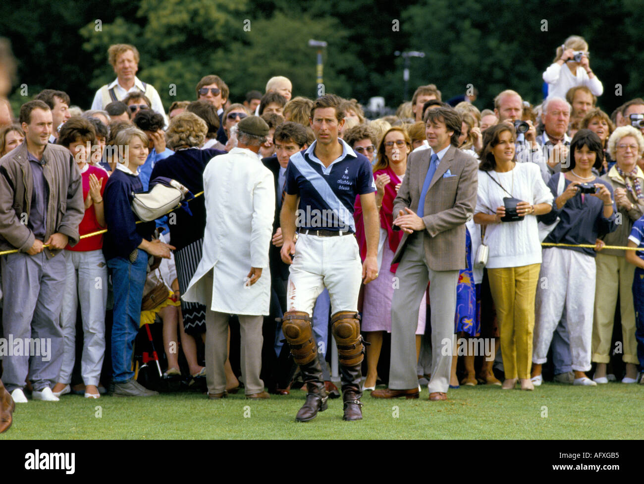 Guards Club Polo Ground Polo Windsor Great Park. Prince Charles goes to collect prize trophy, he was playing for Les Diables Bleus 1987 1980s UK Stock Photo