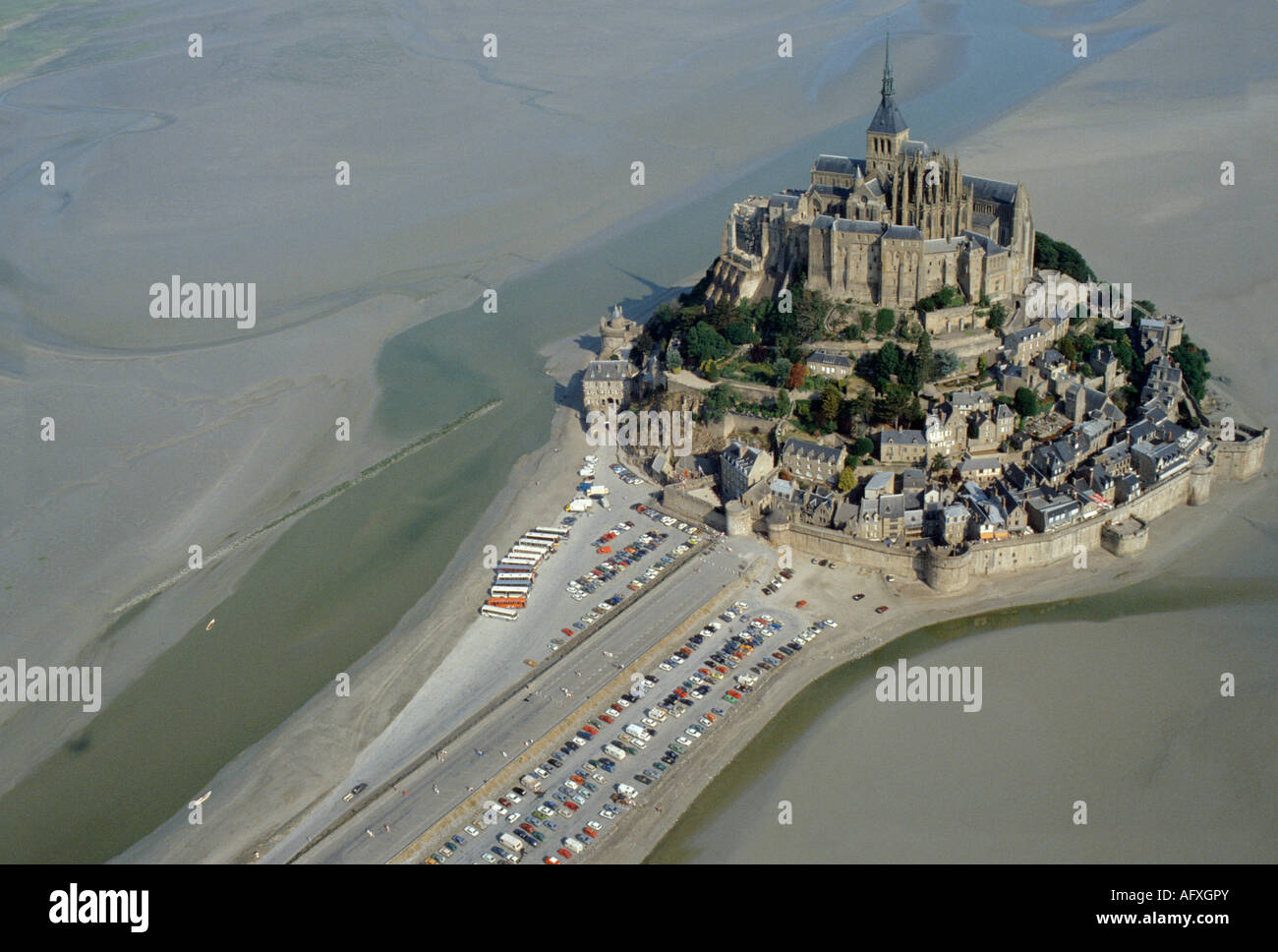 aerial view ,aerien,aerial,vue aerienne, Mont-Saint-Michel,( site classé patrimoine mondial de l'UNESCO), au milieu de la baie, Stock Photo