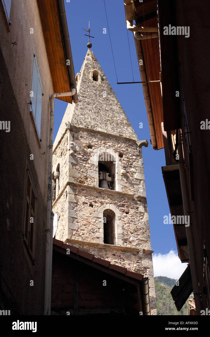 Romanesque bell tower of the church of Ste Michel, St Sauveur sur Tinee, Provence, France Stock Photo