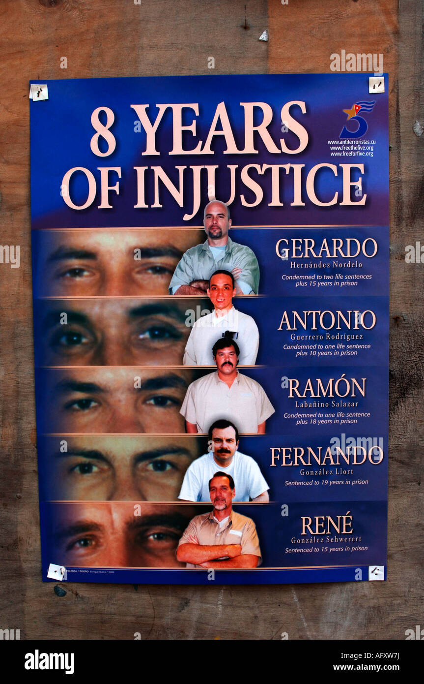 Cuba Havana Habana Vieja propaganda the poster of los cinco cubans imprisoned by the United States Stock Photo